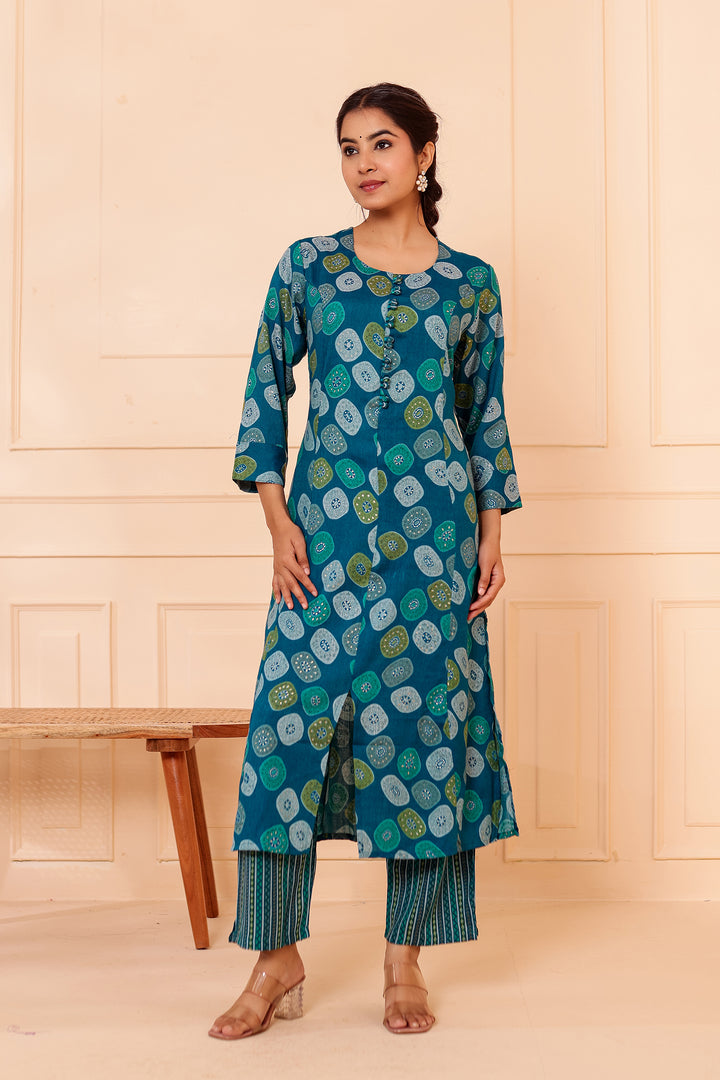 Blue Printed Straight Cut Rayon Kurta Set.