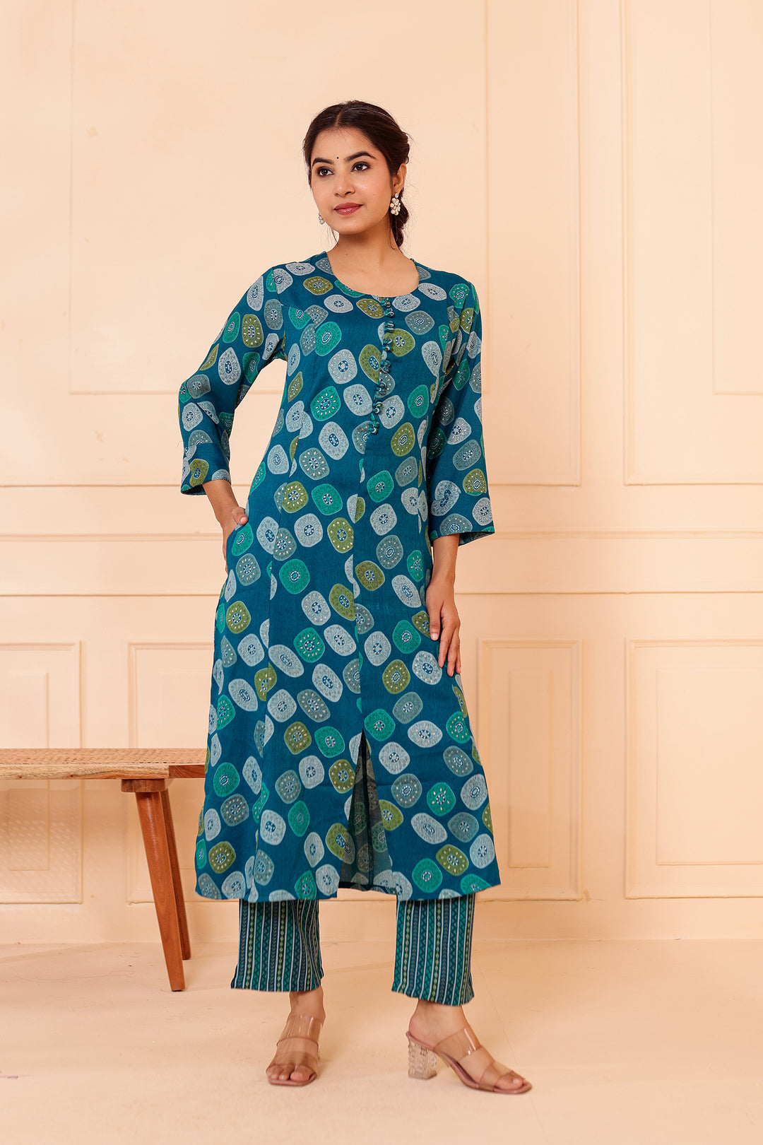 Blue Printed Straight Cut Rayon Kurta Set.