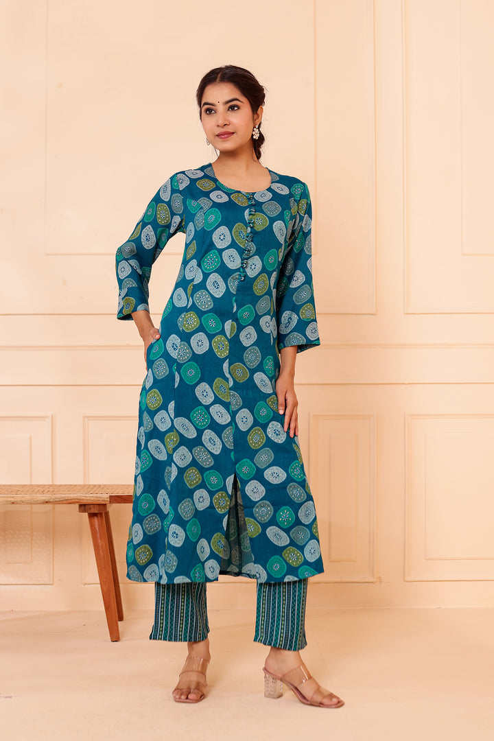 Blue Printed Straight Cut Rayon Kurta Set.