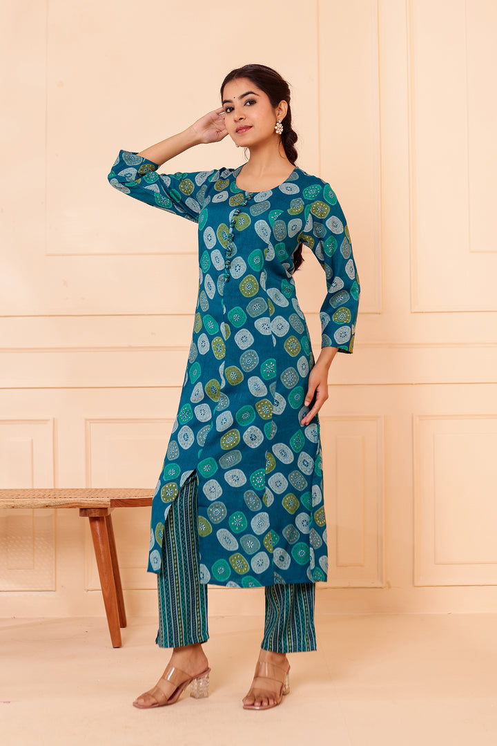 Blue Printed Straight Cut Rayon Kurta Set.