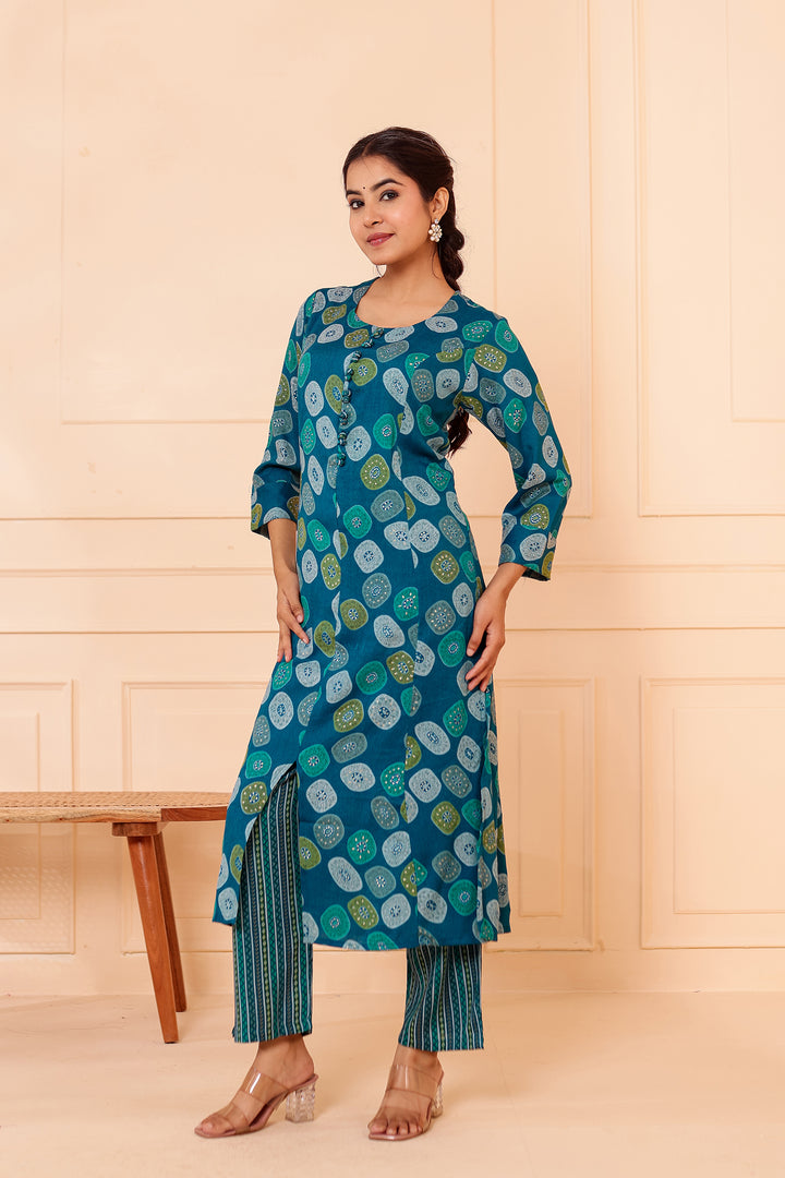 Blue Printed Straight Cut Rayon Kurta Set.