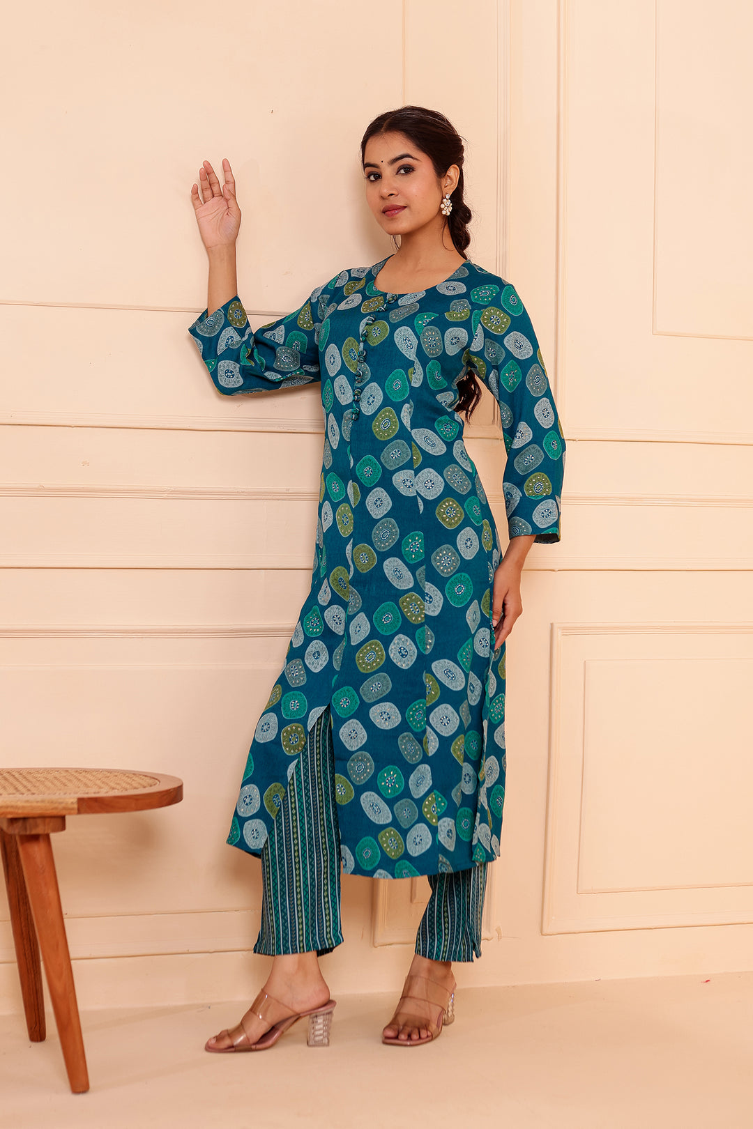 Blue Printed Straight Cut Rayon Kurta Set.