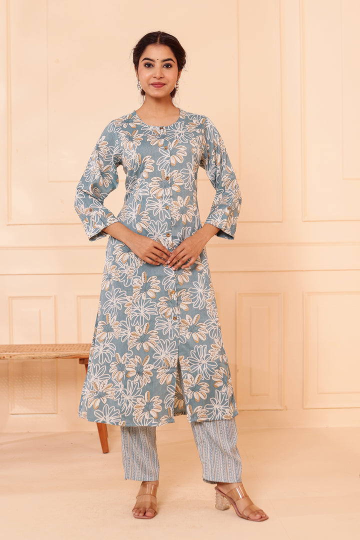 Dusty Blue Floral Printed Straight Cut Rayon Kurta Set.