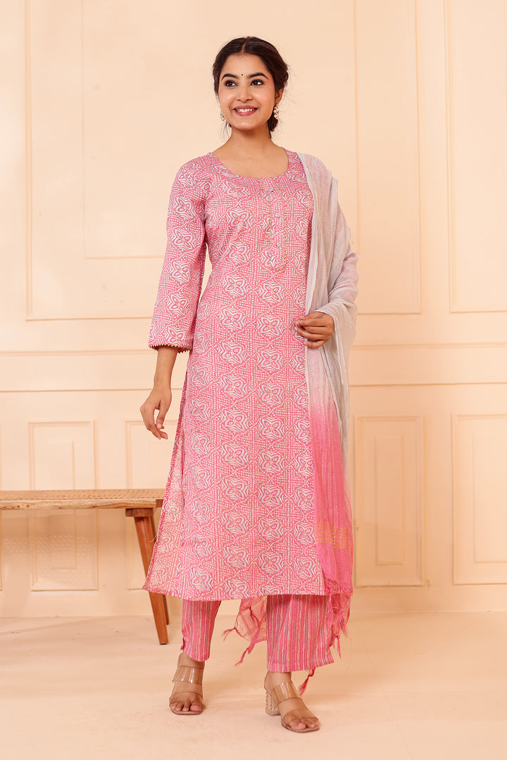 Light Pink Printed Straight Cut Rayon Kurta Set.