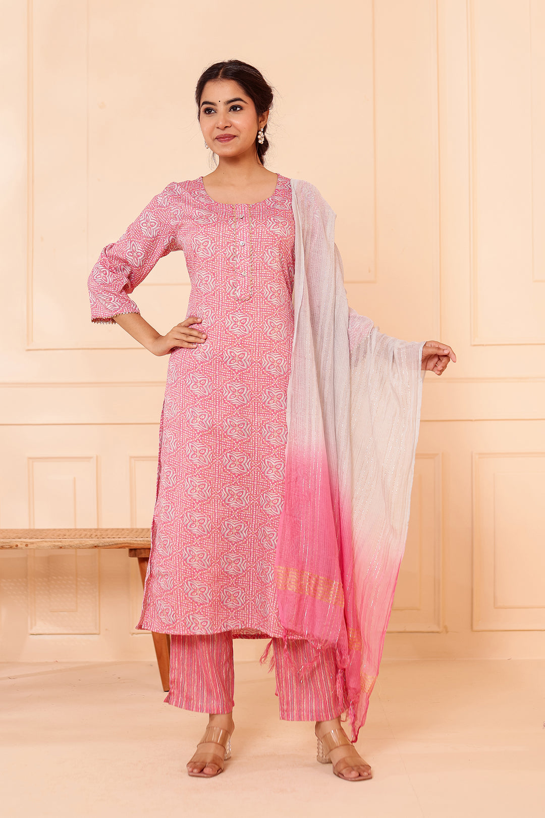 Light Pink Printed Straight Cut Rayon Kurta Set.