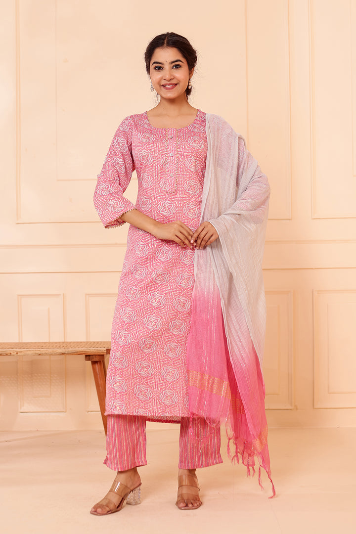 Light Pink Printed Straight Cut Rayon Kurta Set.
