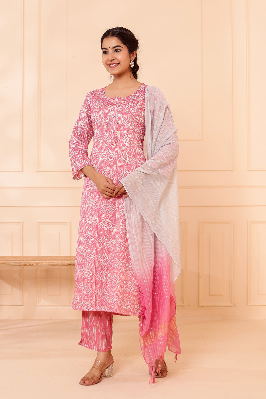 Light Pink Printed Straight Cut Rayon Kurta Set.