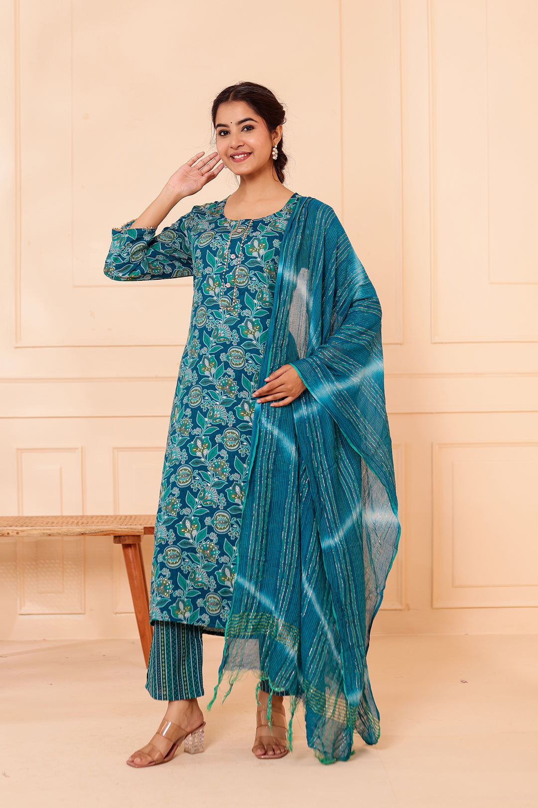 Rama Blue Floral Printed Straight Cut Rayon Kurta Set.