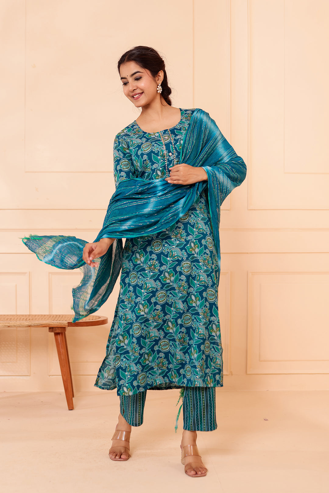 Rama Blue Floral Printed Straight Cut Rayon Kurta Set.