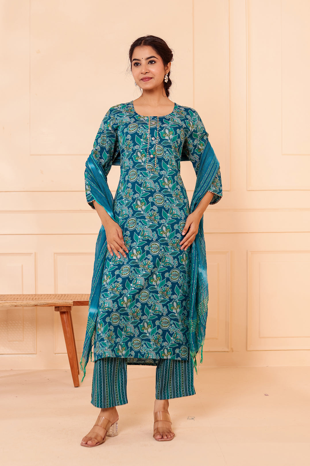 Rama Blue Floral Printed Straight Cut Rayon Kurta Set.