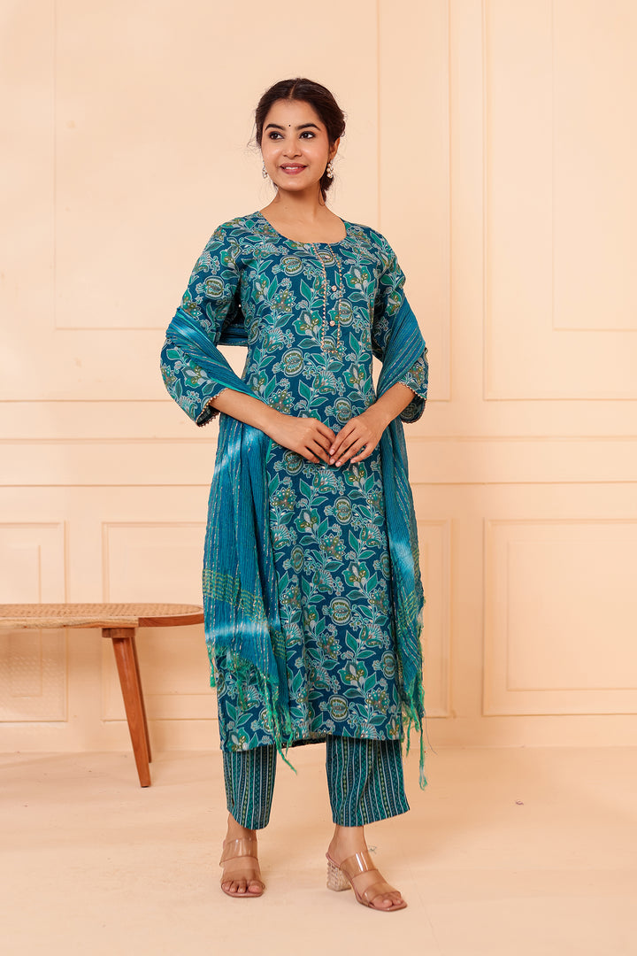 Rama Blue Floral Printed Straight Cut Rayon Kurta Set.
