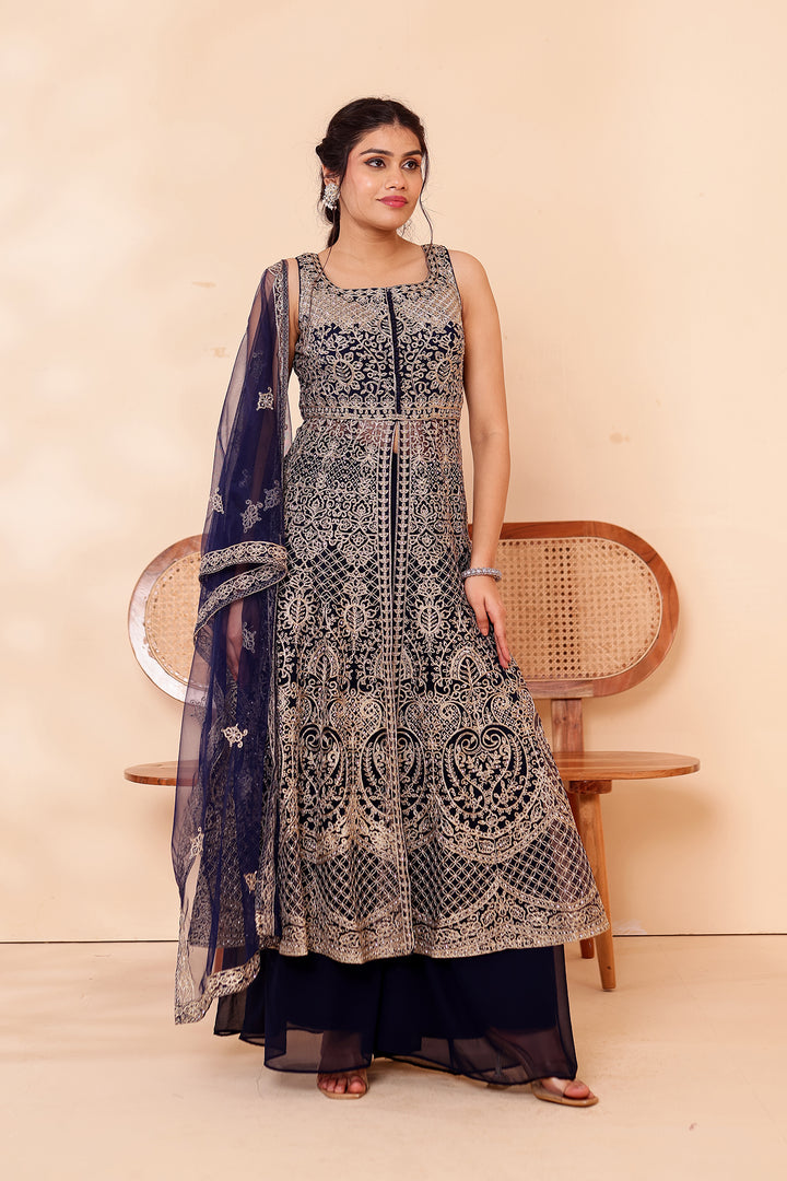Navy Blue Net Long Top Palazzo Suit.