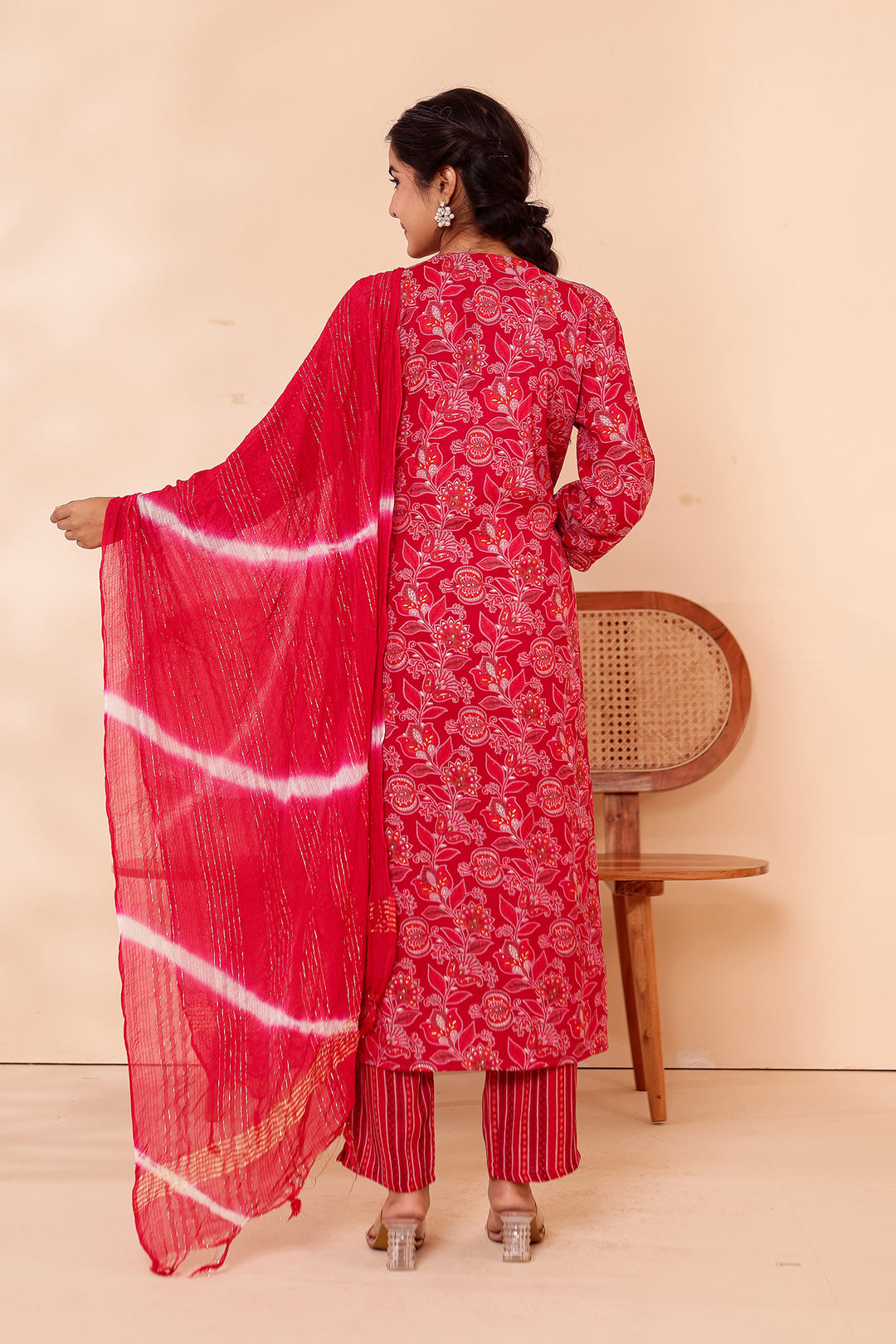 Cherry Red Floral Printed Straight Cut Rayon Kurta Set.
