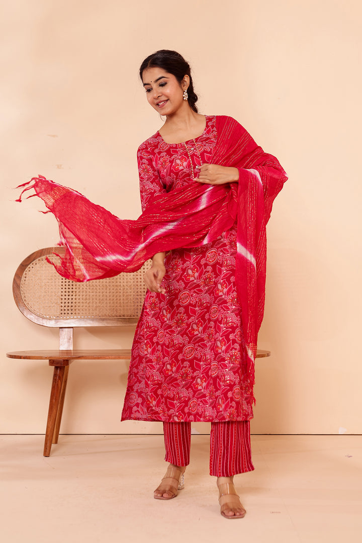 Cherry Red Floral Printed Straight Cut Rayon Kurta Set.