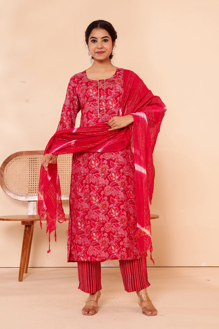 Cherry Red Floral Printed Straight Cut Rayon Kurta Set.