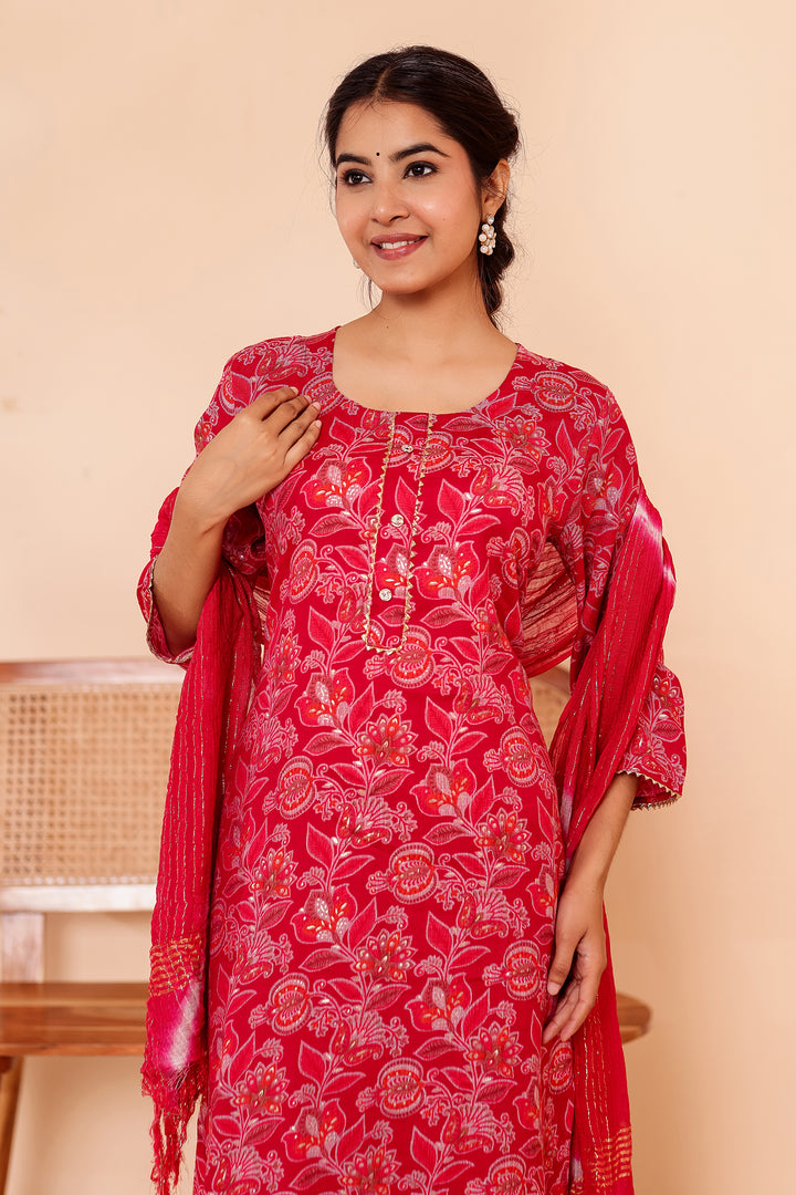 Cherry Red Floral Printed Straight Cut Rayon Kurta Set.