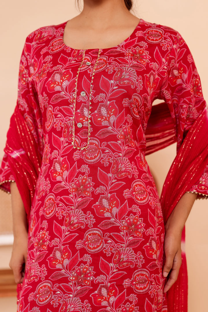 Cherry Red Floral Printed Straight Cut Rayon Kurta Set.