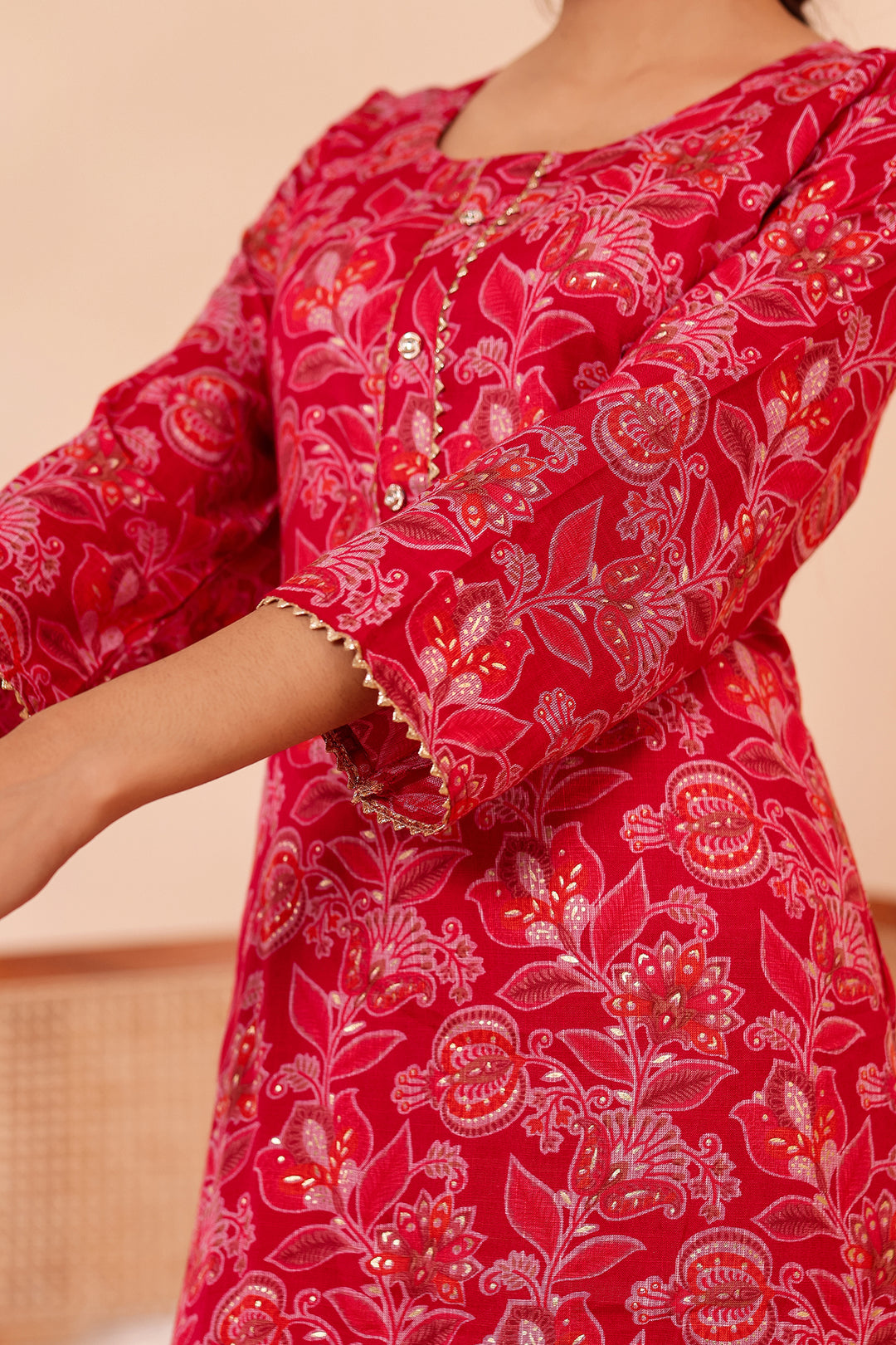 Cherry Red Floral Printed Straight Cut Rayon Kurta Set.