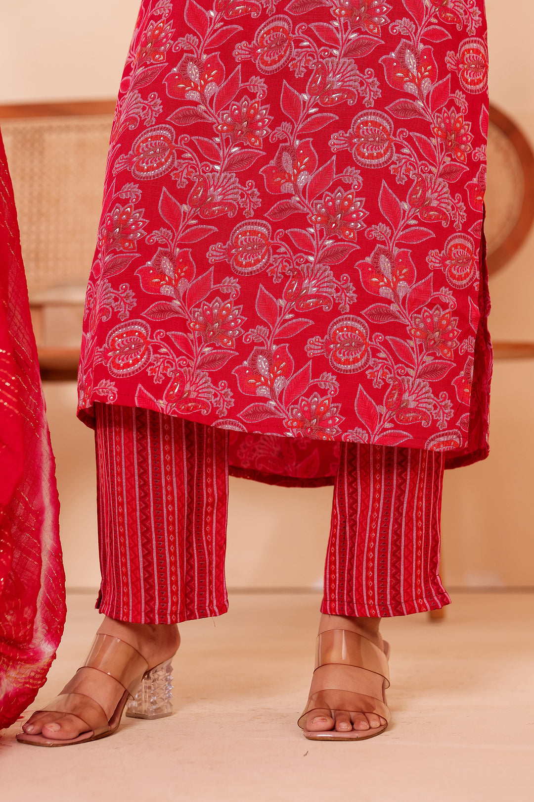 Cherry Red Floral Printed Straight Cut Rayon Kurta Set.