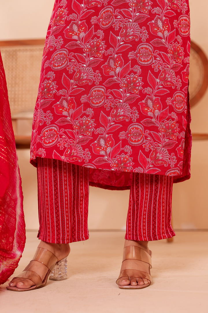 Cherry Red Floral Printed Straight Cut Rayon Kurta Set.