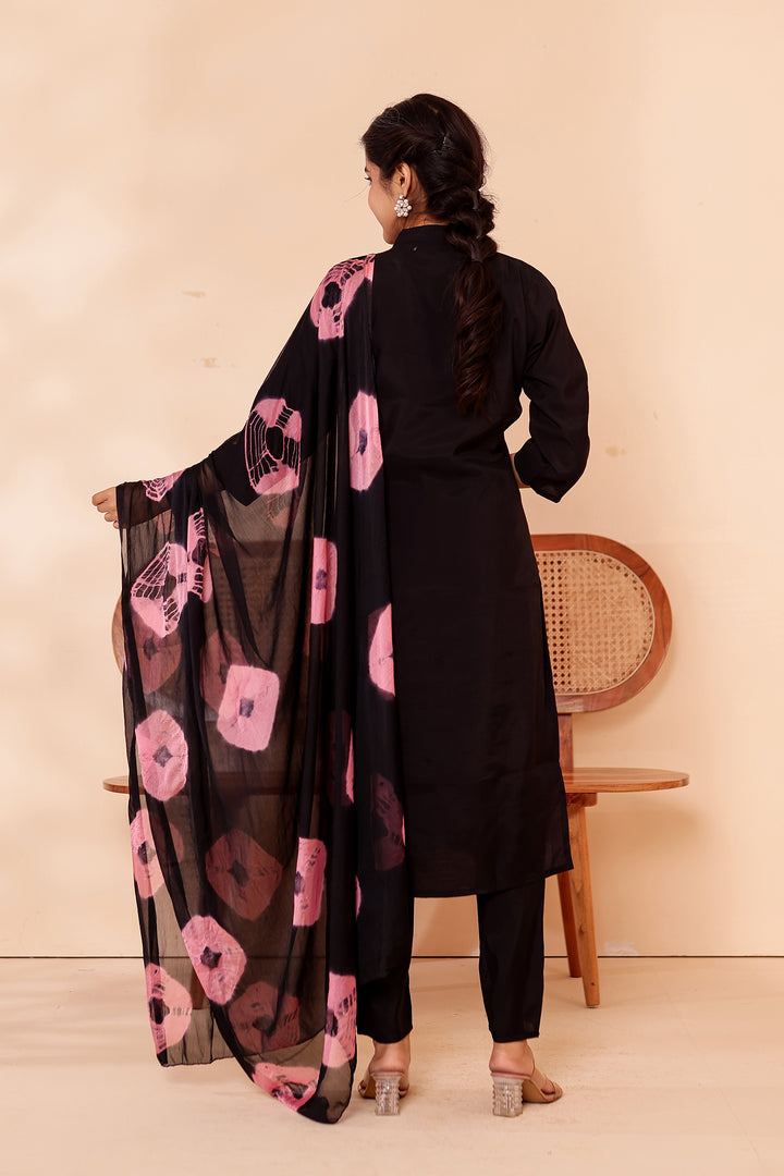 Black Roman Silk Straight Cut Kurta Set.
