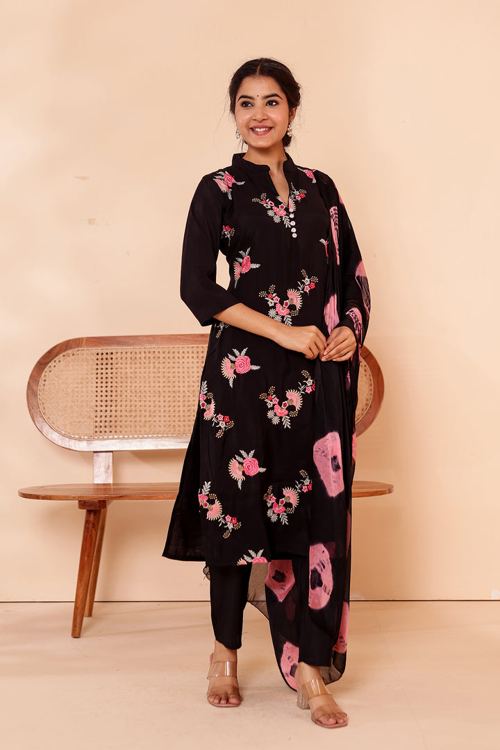 Black Roman Silk Straight Cut Kurta Set.