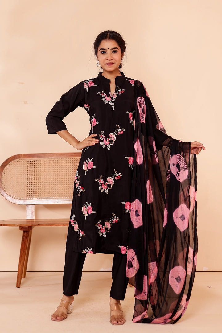 Black Roman Silk Straight Cut Kurta Set.