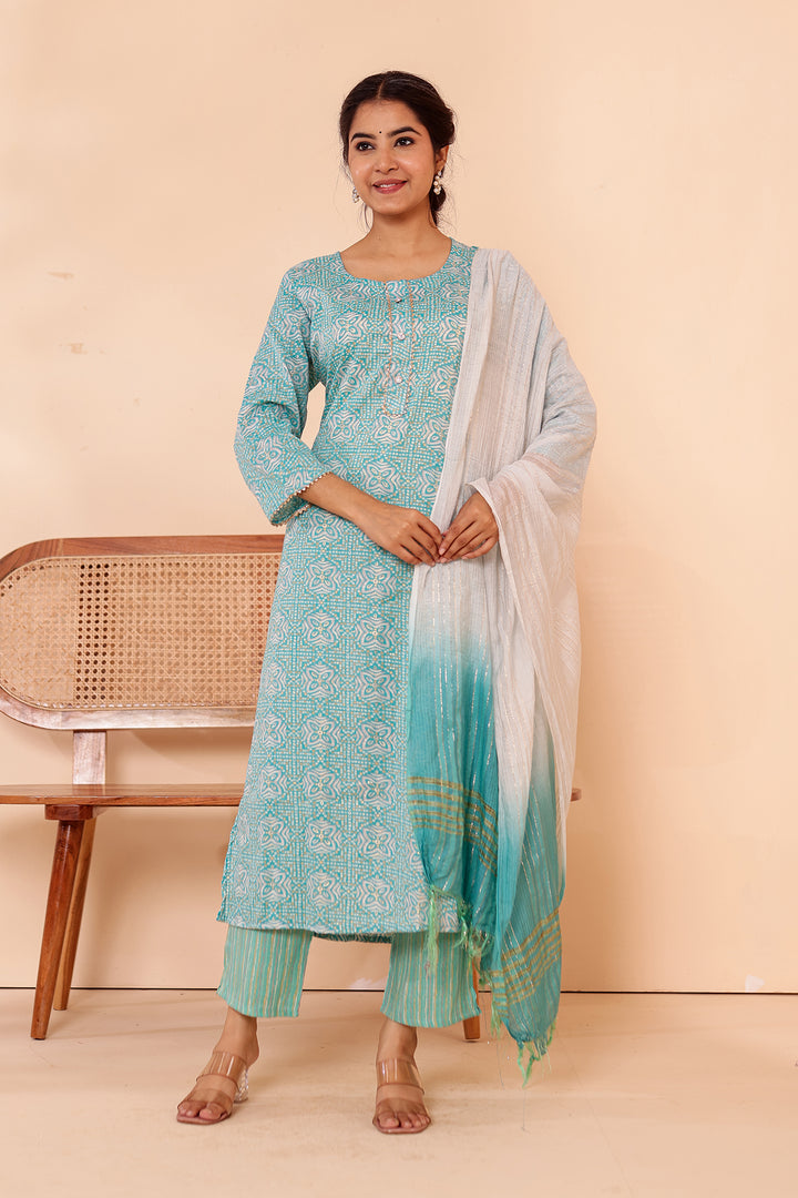 Light Blue Printed Straight Cut Rayon Kurta Set.