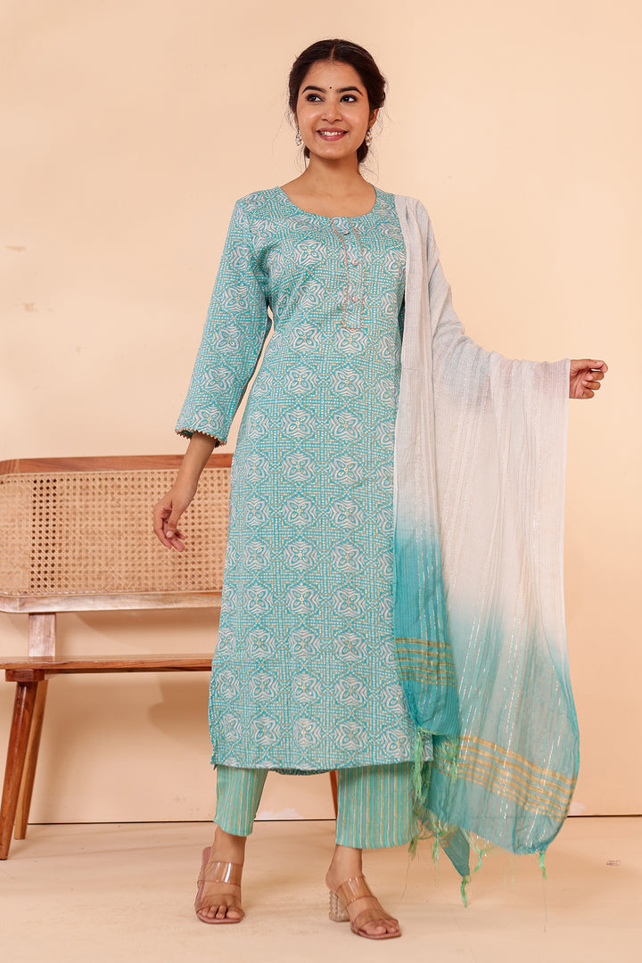 Light Blue Printed Straight Cut Rayon Kurta Set.