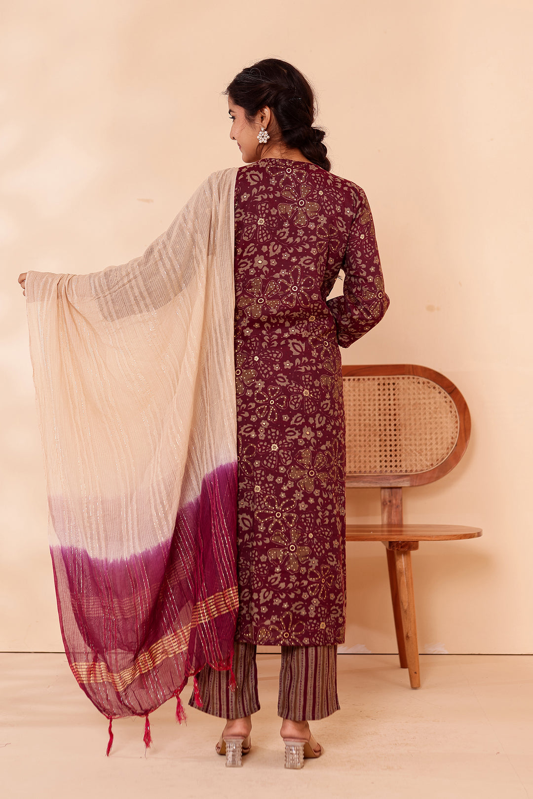 Purple Floral Printed Straight Cut Rayon Kurta Set.