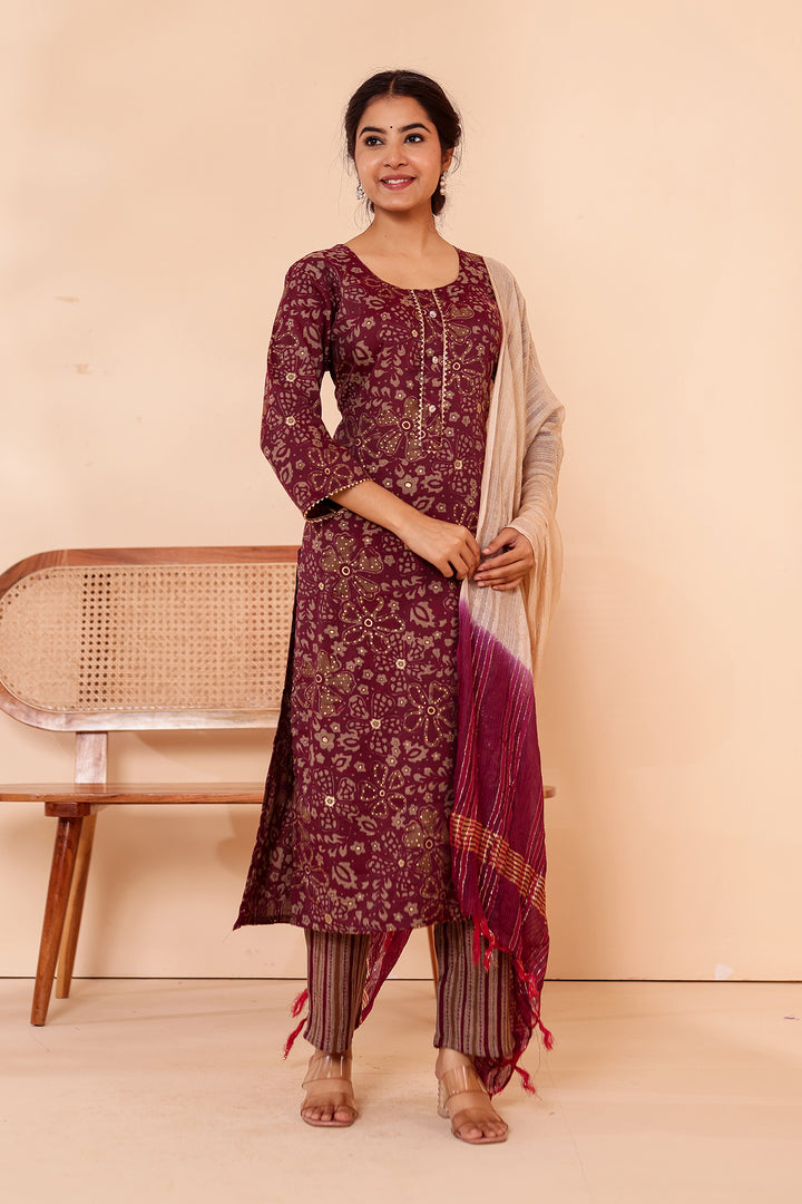 Purple Floral Printed Straight Cut Rayon Kurta Set.