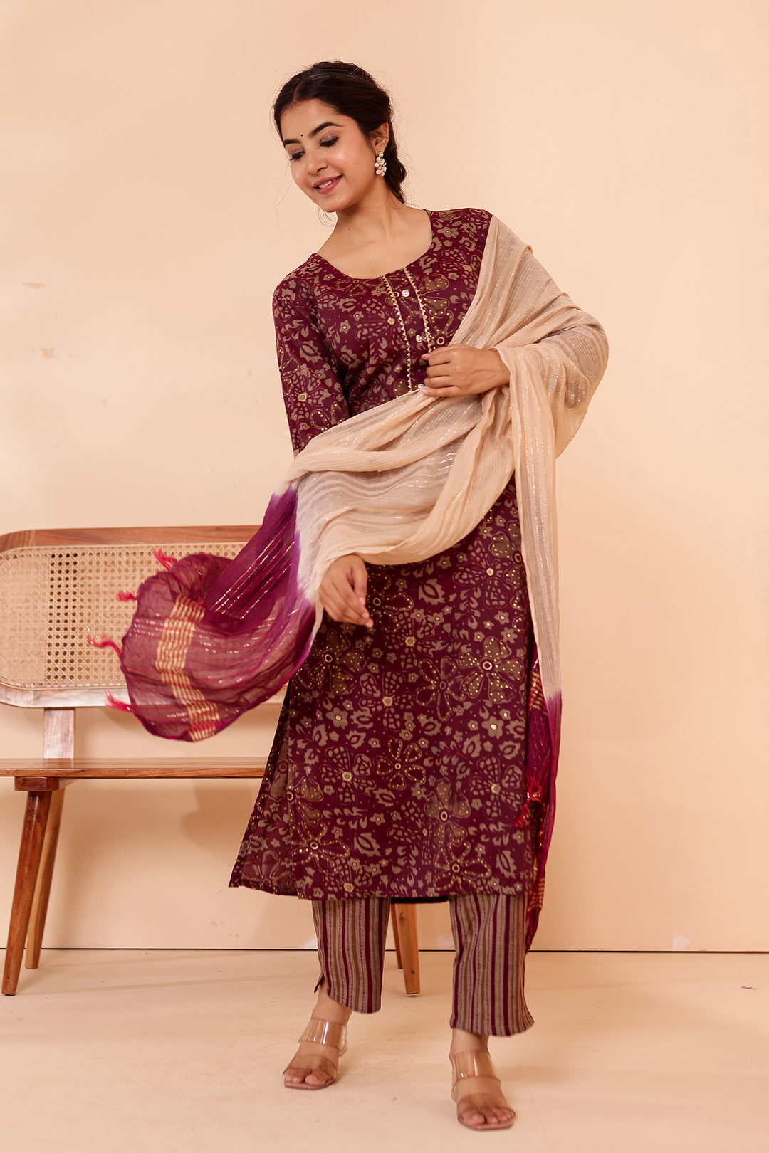 Purple Floral Printed Straight Cut Rayon Kurta Set.