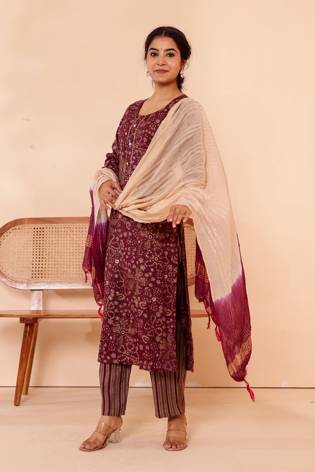 Purple Floral Printed Straight Cut Rayon Kurta Set.