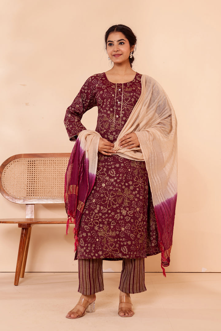 Purple Floral Printed Straight Cut Rayon Kurta Set.