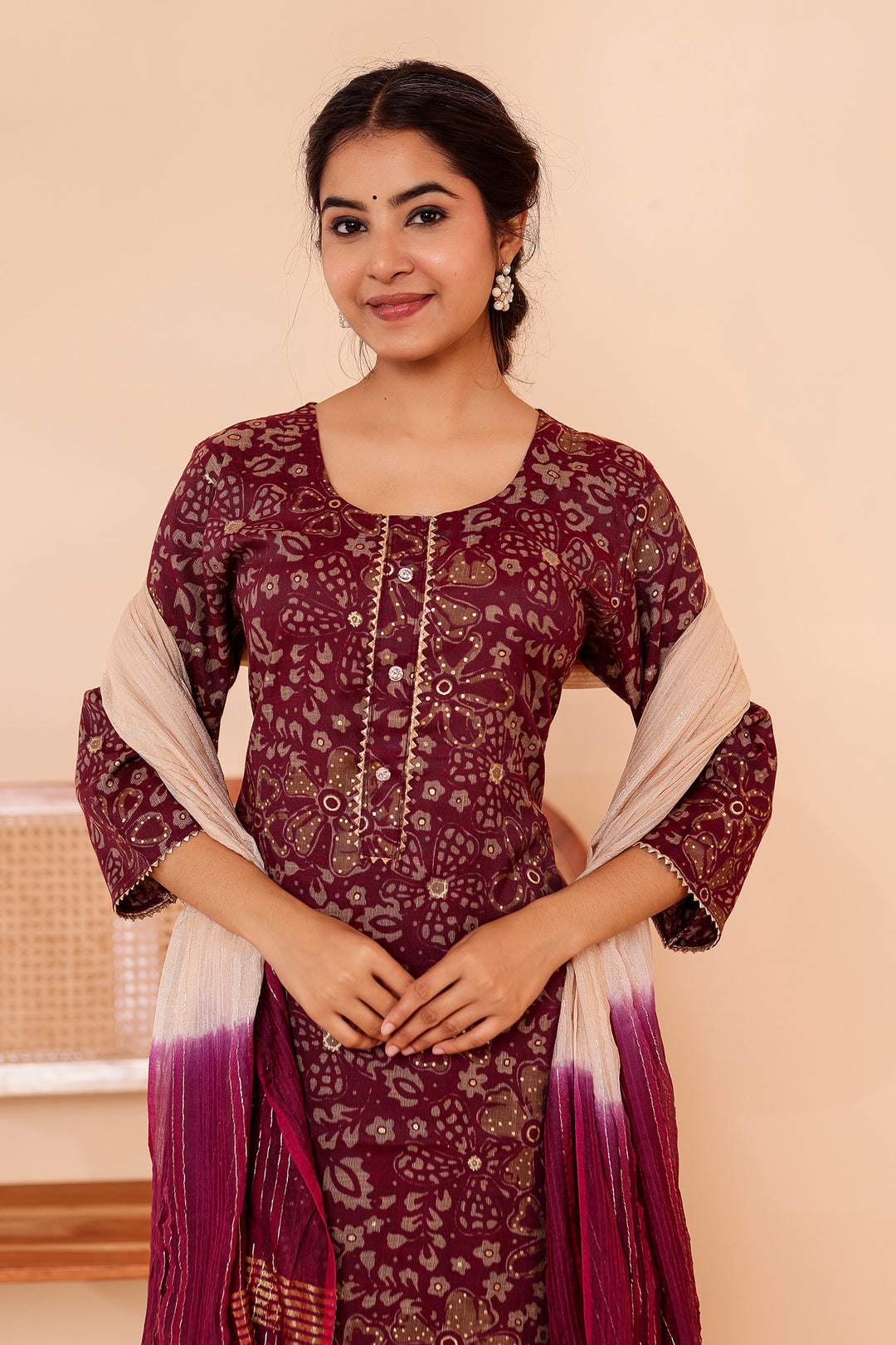 Purple Floral Printed Straight Cut Rayon Kurta Set.