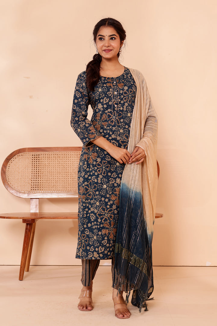 Dark Blue Floral Printed Straight Cut Rayon Kurta Set.