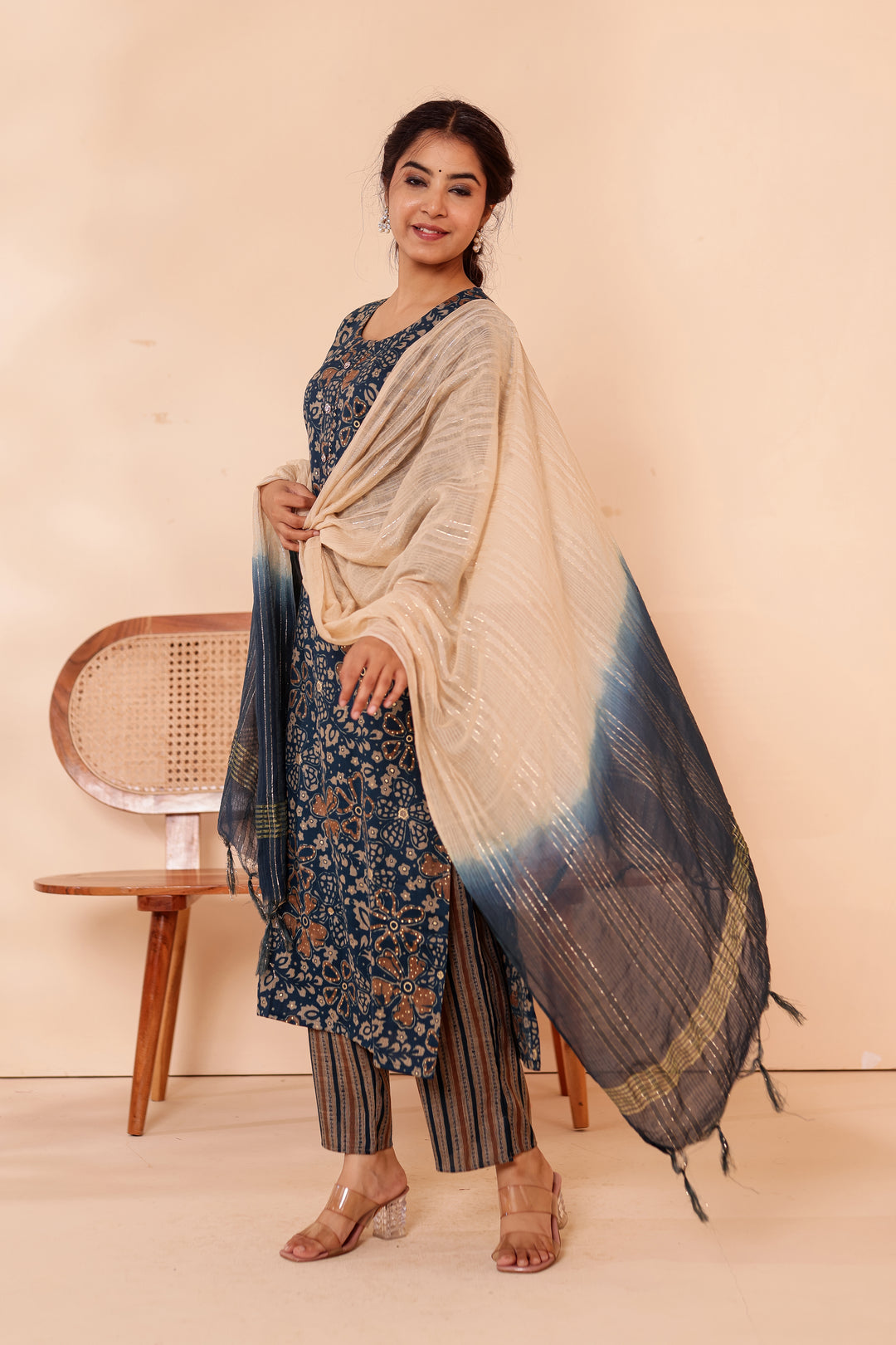 Dark Blue Floral Printed Straight Cut Rayon Kurta Set.