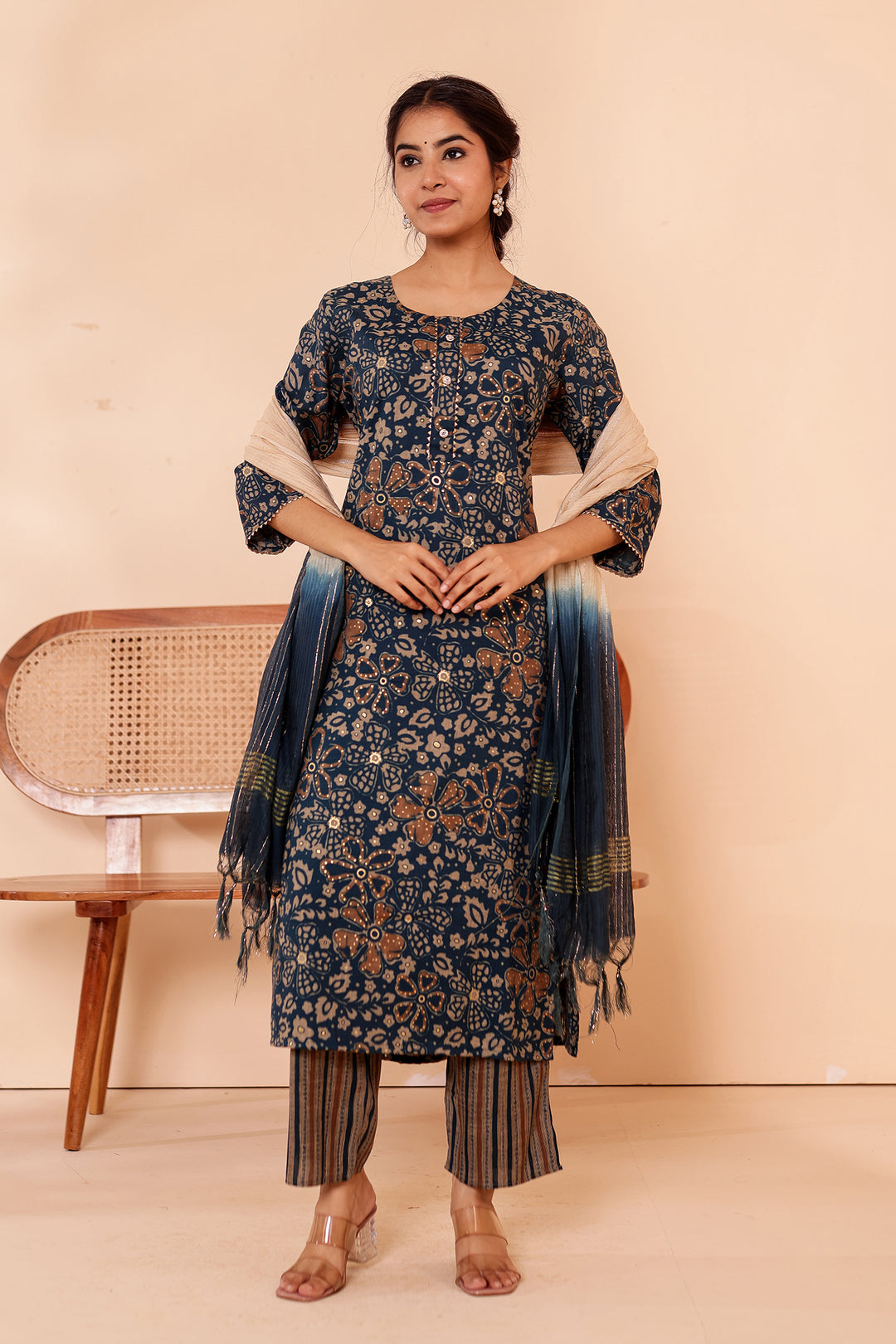 Dark Blue Floral Printed Straight Cut Rayon Kurta Set.