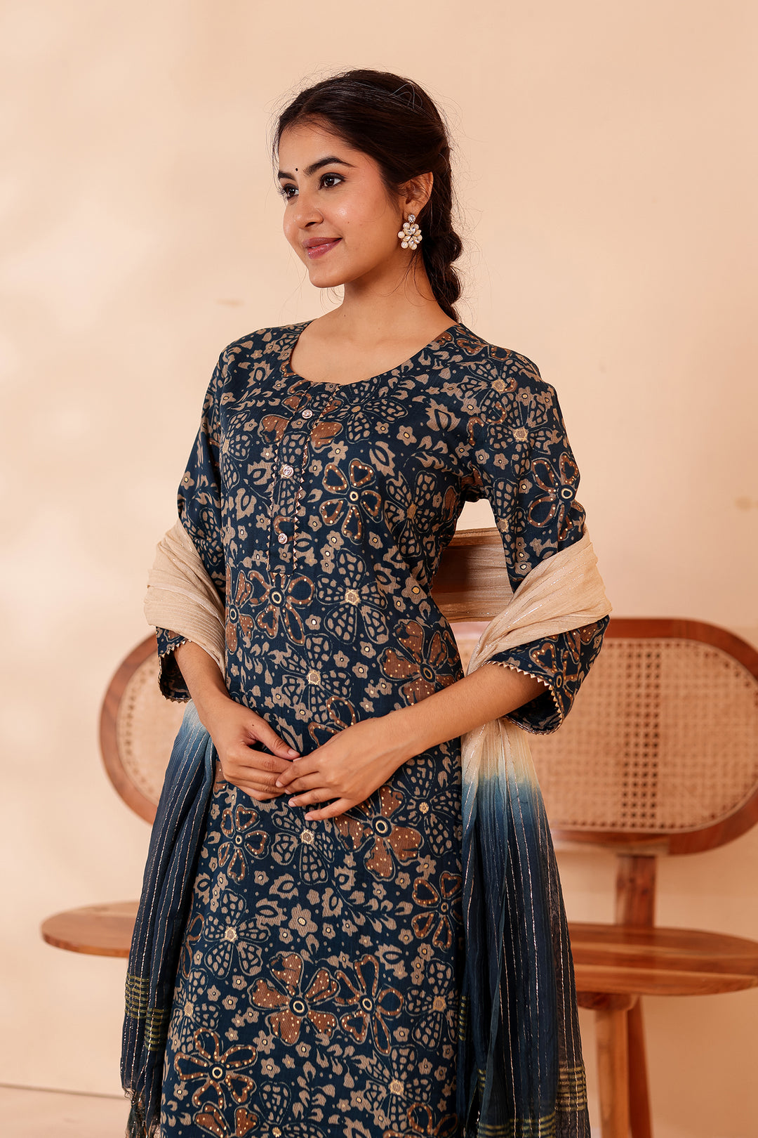 Dark Blue Floral Printed Straight Cut Rayon Kurta Set.