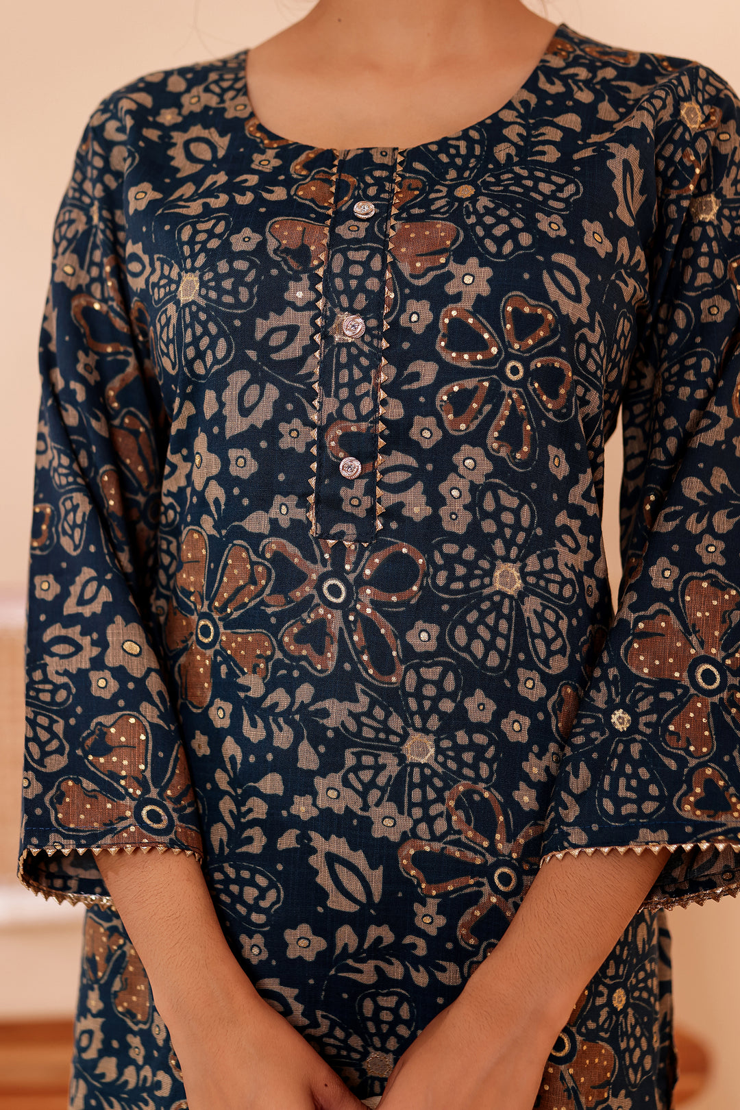 Dark Blue Floral Printed Straight Cut Rayon Kurta Set.