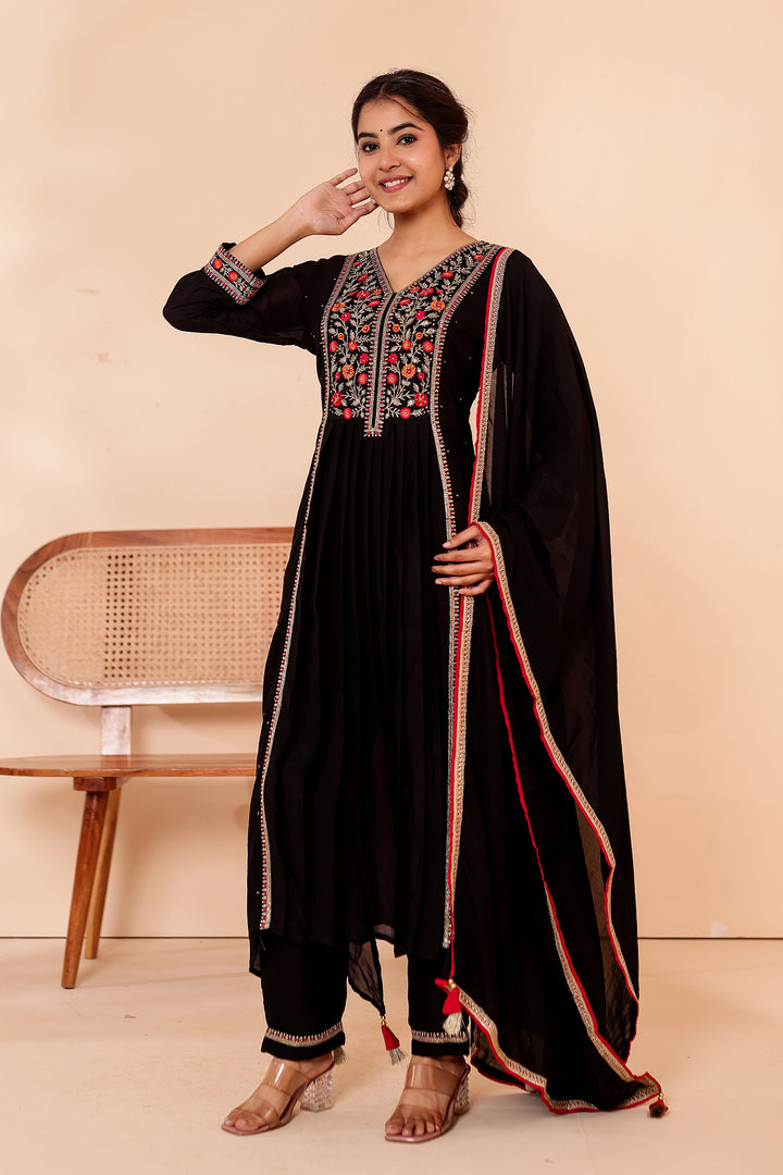 Black A Line Vichitra Silk Suit.
