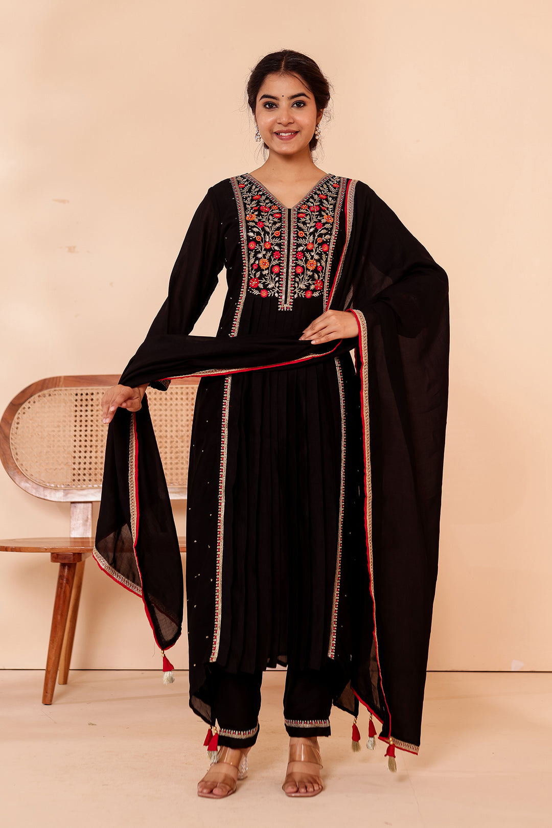 Black A Line Vichitra Silk Suit.