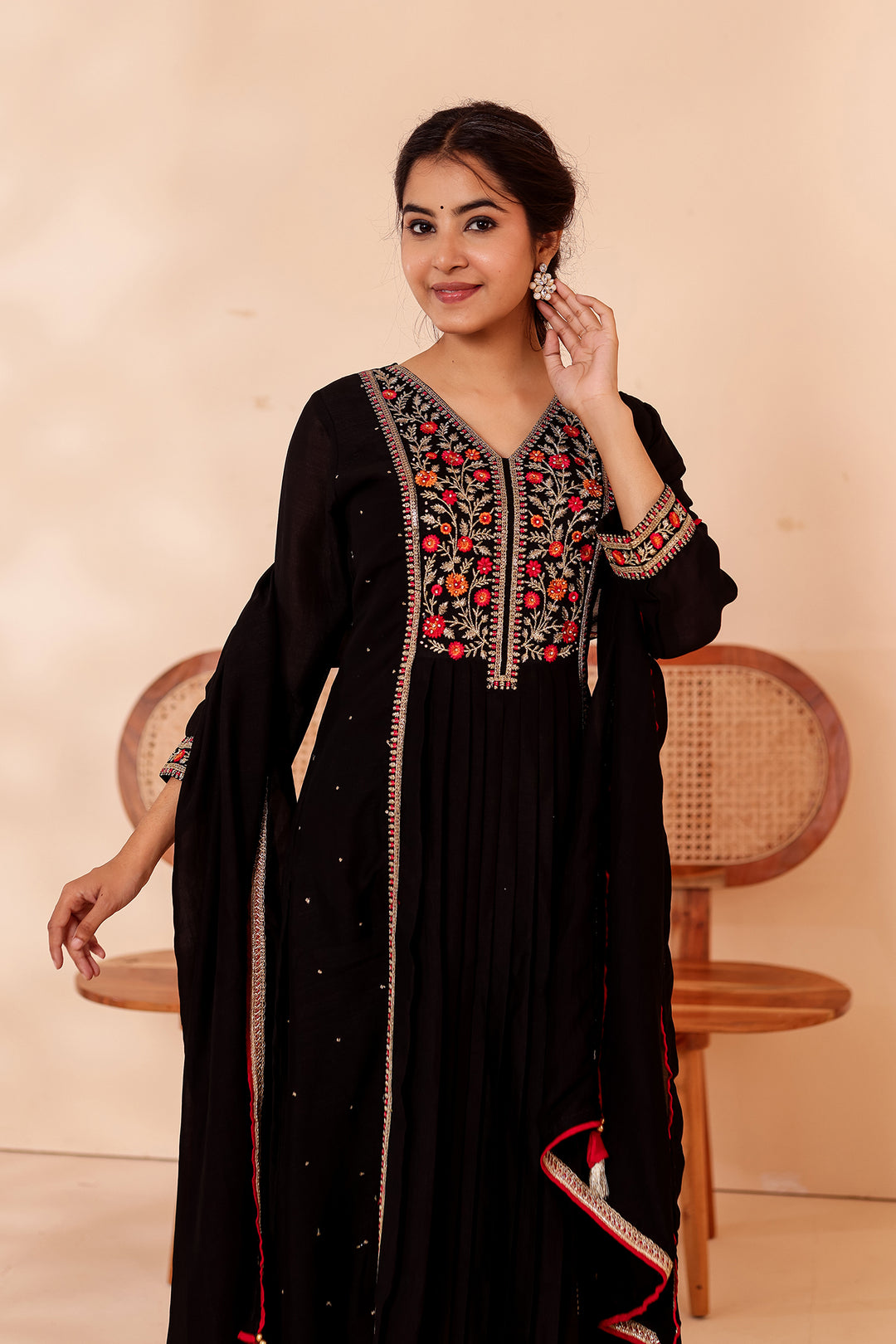 Black A Line Vichitra Silk Suit.