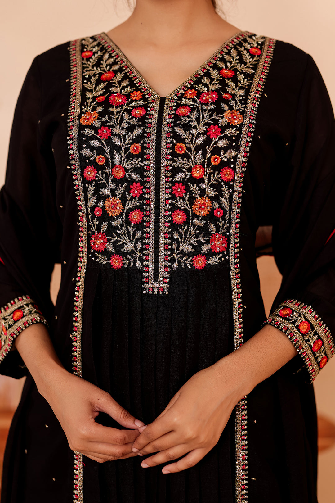 Black A Line Vichitra Silk Suit.
