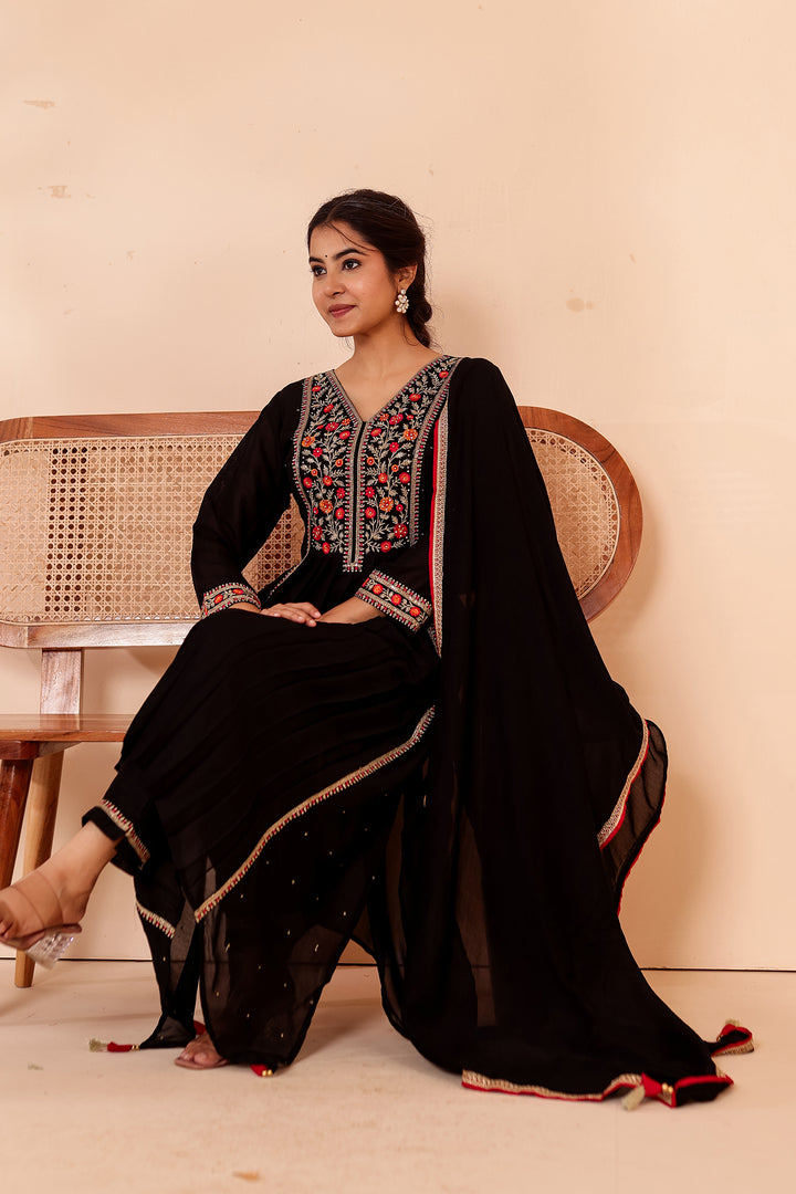 Black A Line Vichitra Silk Suit.