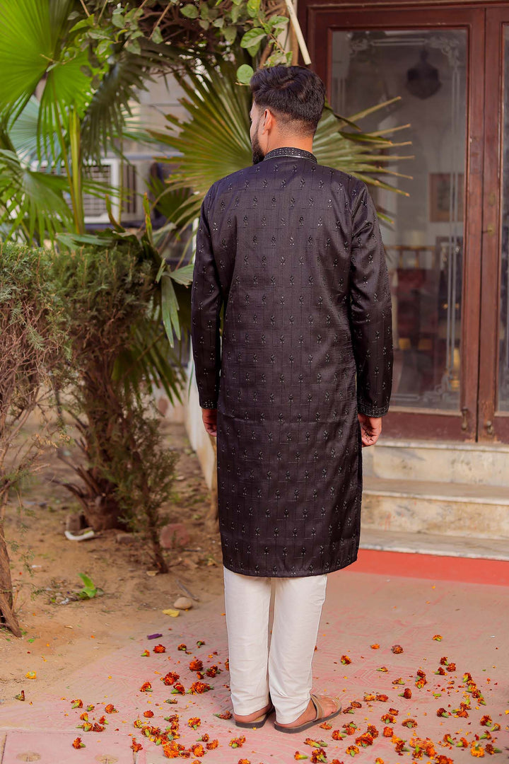 Black Raw Silk Kurta Suit With Resham Thread And Sequin Embroidery.