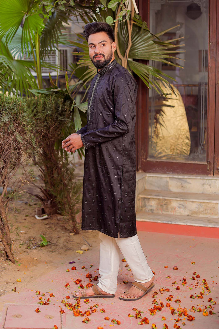 Black Raw Silk Kurta Suit With Resham Thread And Sequin Embroidery.