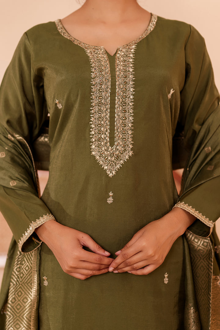 Mehndi Green Soft Shimmer Silk Straight Cut Kurta Set.