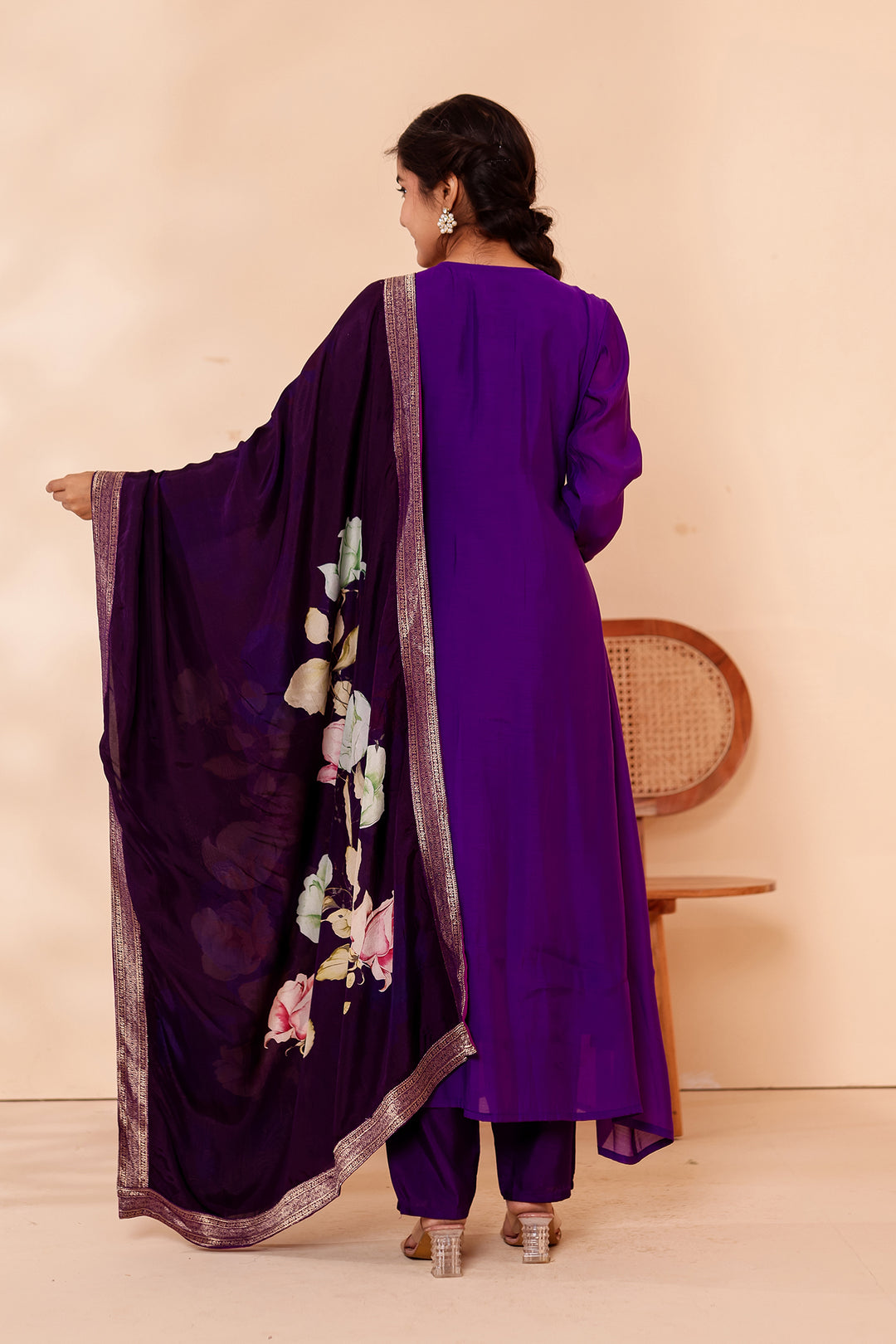Cadbury Purple Chanderi Silk Anarkali Suit with Floral Dupatta.