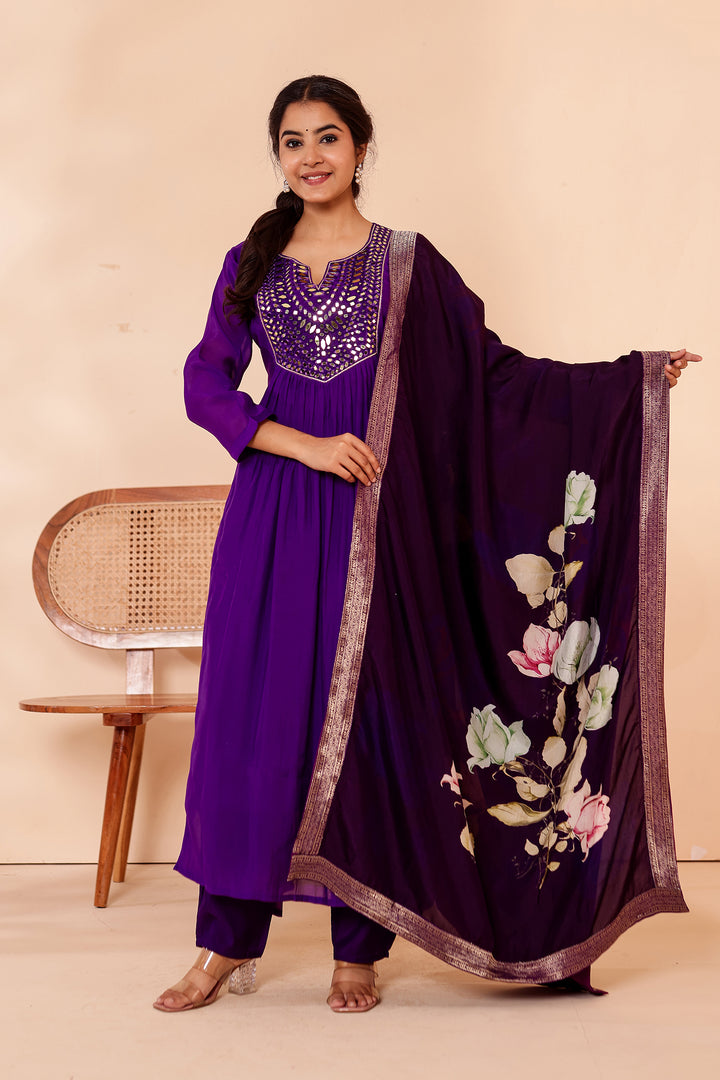 Cadbury Purple Chanderi Silk Anarkali Suit with Floral Dupatta.